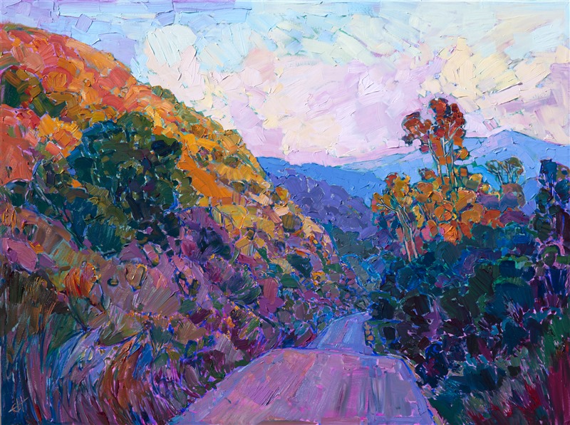 Carmel Valley wine country hills painted in a modern impressionist style, by Erin Hanson.