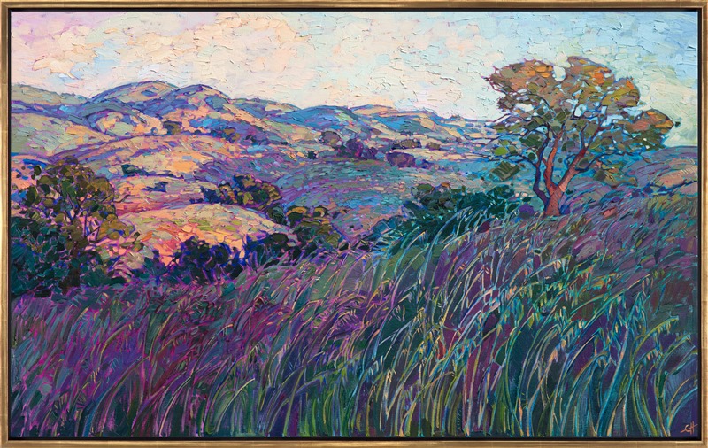 Paso Robles oil painting with deep green and purples by impressionist Erin Hanson framed in gold floater frame