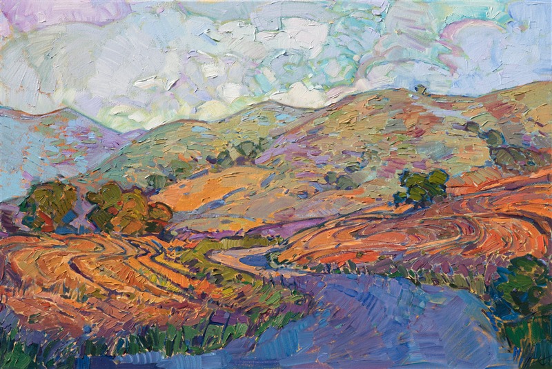 California wine country rolling hills painting in a modern impressionistic style, by Erin Hanson.