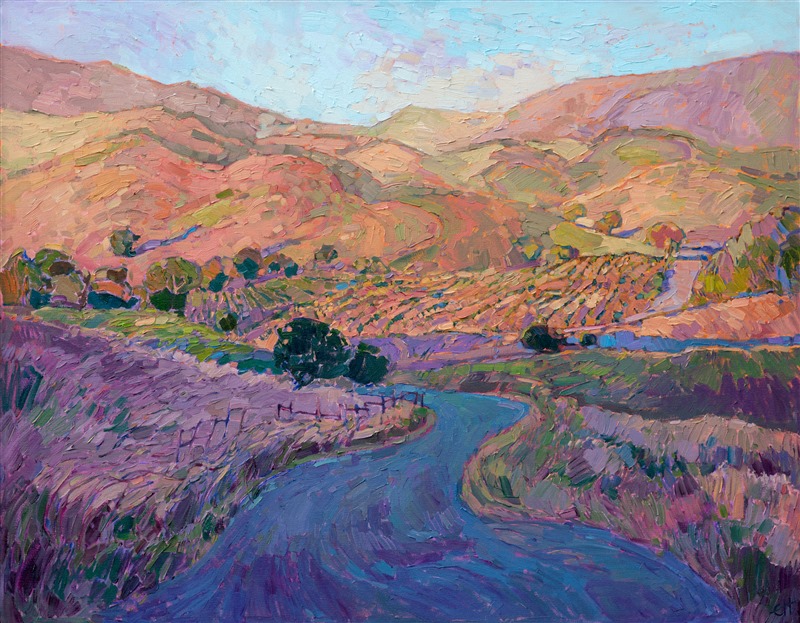 Rolling hills, California wine country oil painting by Erin Hanson, in a contemporary impressionism style.