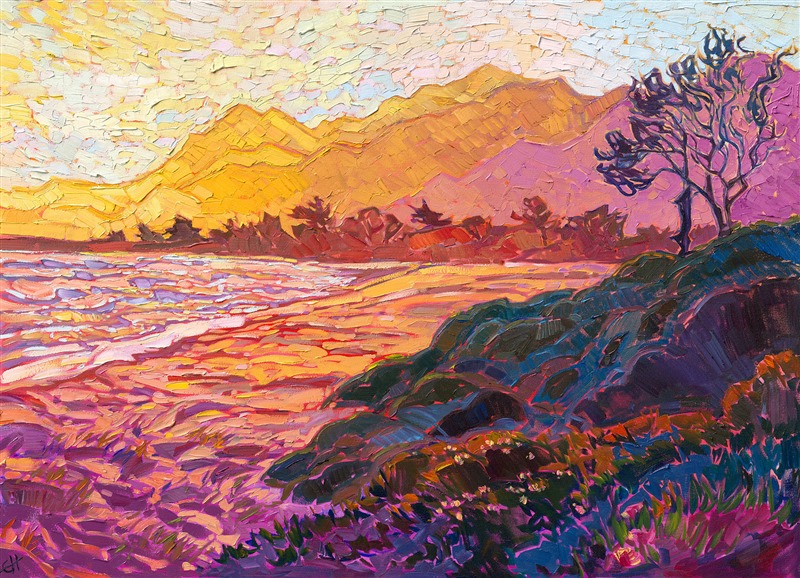 Santa Barbara California coast purple and yellow impressionism by Erin Hanson