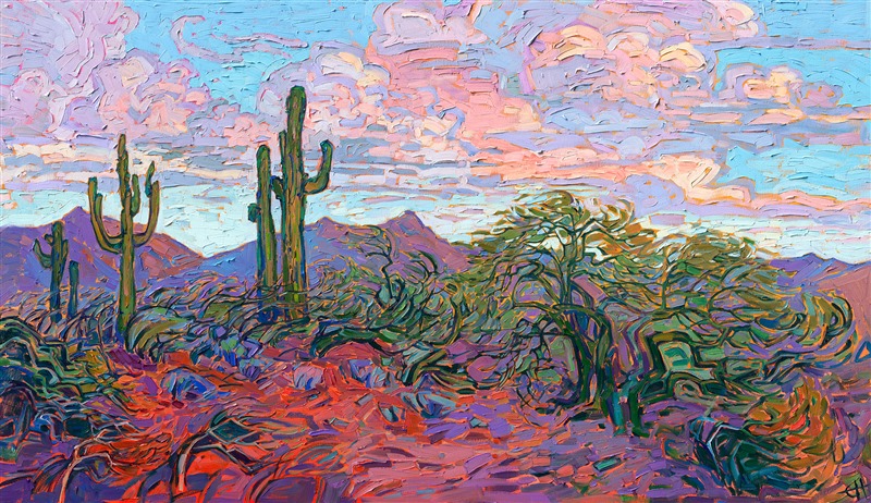 Arizona saguaro desert landscape oil painting in a modern impressionism style, by Erin Hanson