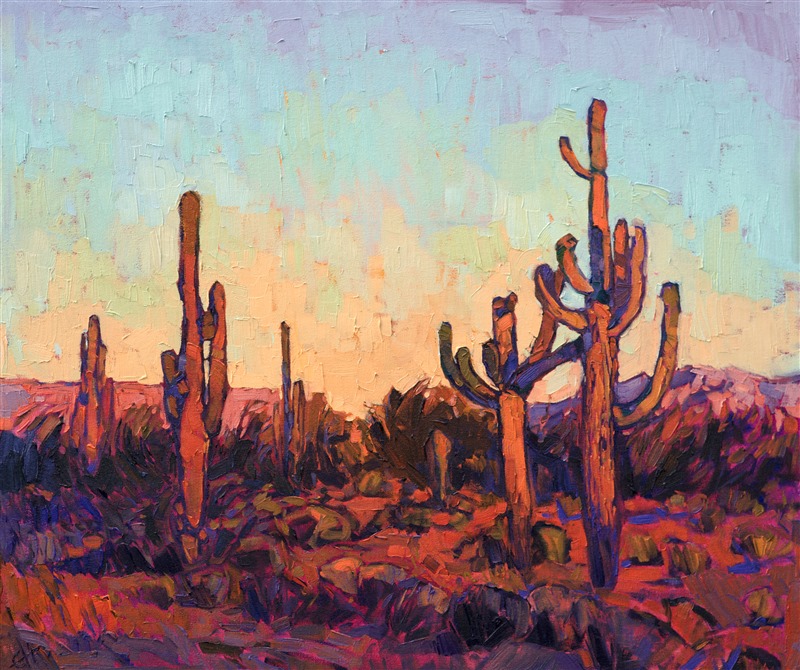 Arizona saguaro cactus oil painting in a modern, abstract style.