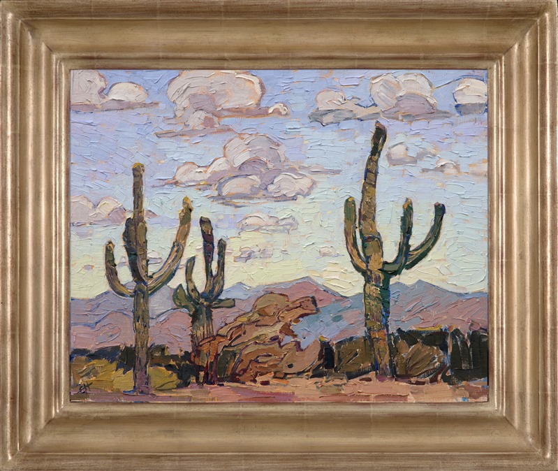 Landscape painting of Saguaro desert framed in a champagne hand carved frame painted by impressionist artist Erin Hanson