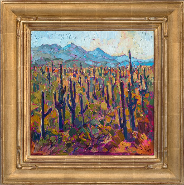 A beautiful wood frame presents Saguaro Forest.