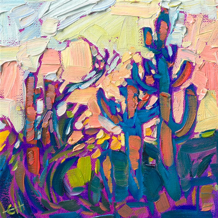 Saguaro cactus petite oil painting for sale at The Erin Hanson Gallery, small expressionist painting for art collectors.