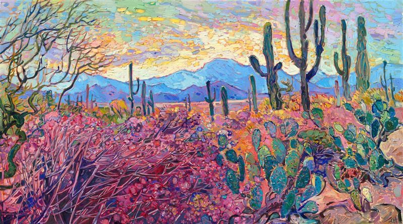 Arizona southwestern landscape oil painting for sale by abstract impressionist Erin Hanson. This is a painting of Saguaro National Park, near Pheonix, Arizona.