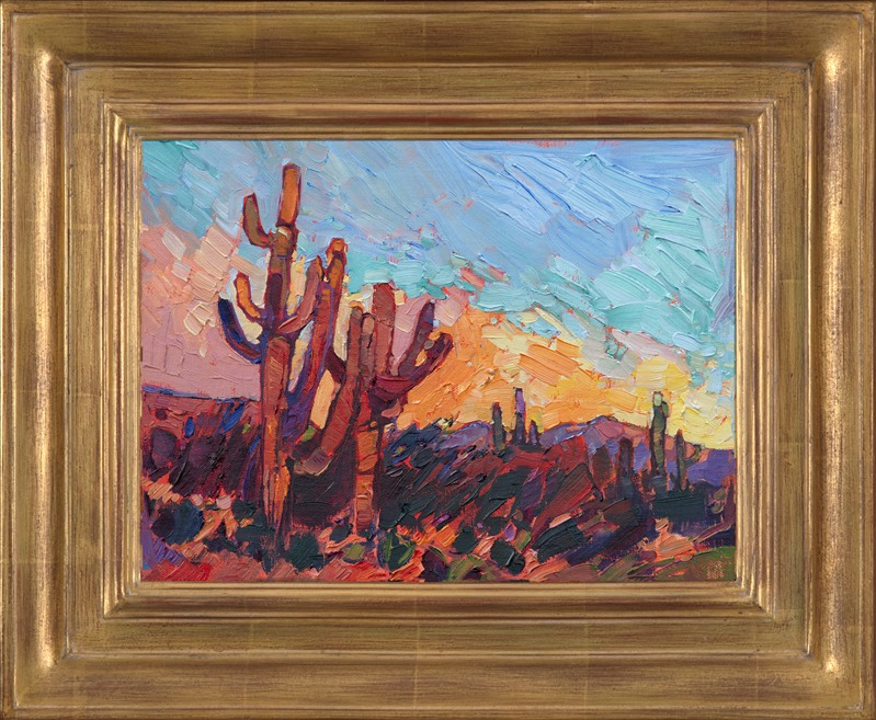 Desert landscape painting of Saguaro cactus in gold carved frame, oil painting by impressionist artist Erin Hanson 