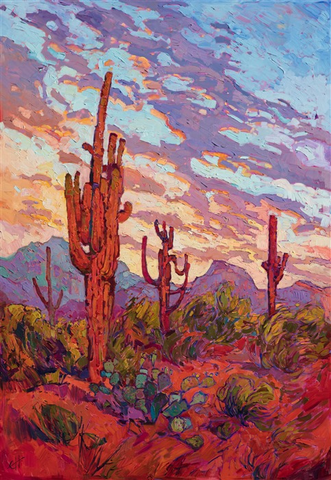 Scottsdale Saguaro desert commission oil painting by modern oil painter Erin Hanson