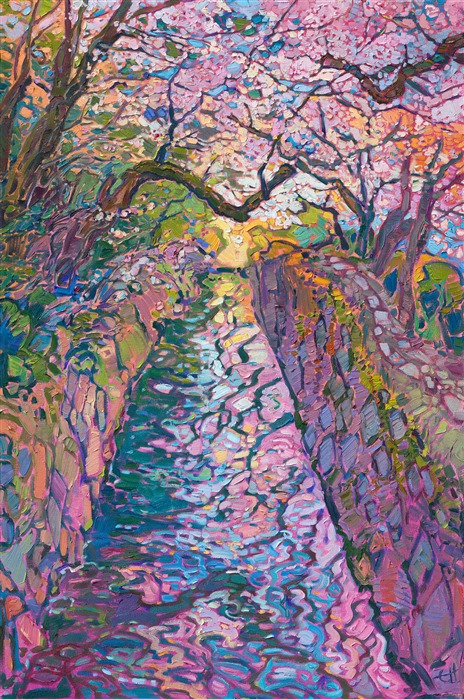 Painting of sakura Japanese cherry blossoms, by American impressionist Erin Hanson.