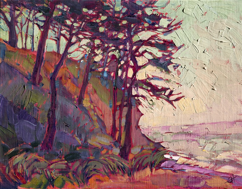 Cypress coastal painting, oil on board, by Erin Hanson