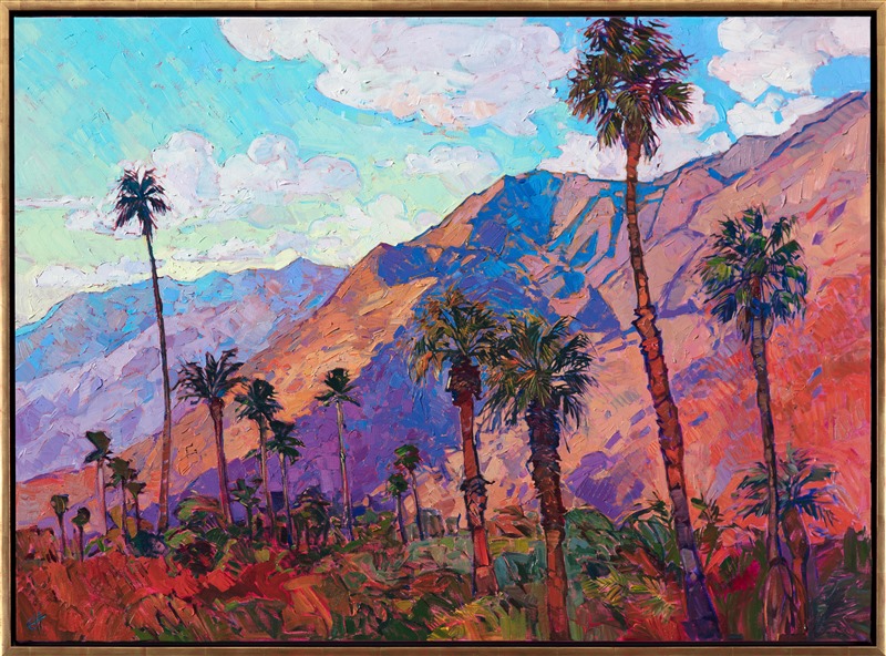 Original oil painting of Santa Rosa landscape with grand orange mountains with purple shadows and palm trees framed in a gold floater frame by contemporary artist Erin Hanson