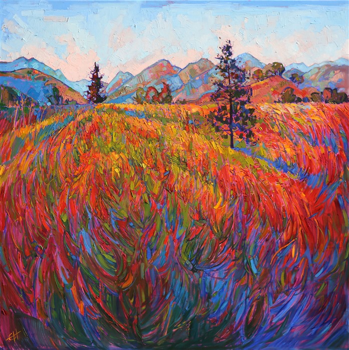 Scarlet Pines, vivid stylized oil painting with vivid mosaic color, by artist Erin Hanson