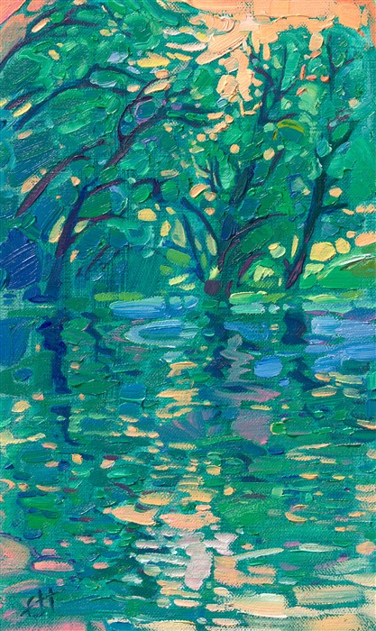 Painting of reflections in the Seine river, by contemporary impressionist Erin Hanson