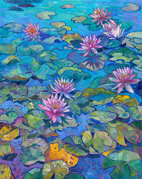 Original oil painting of water lilies in a modern impressionism style in Erin Hanson technique of Open Impressionism.