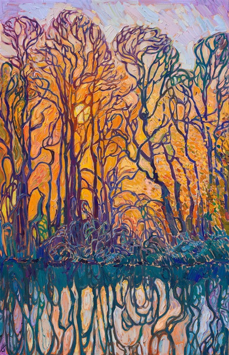The sun setting over Erin Hanson's estate in Oregon wine country, original oil painting by modern impressionist/expressionist Erin Hanson.