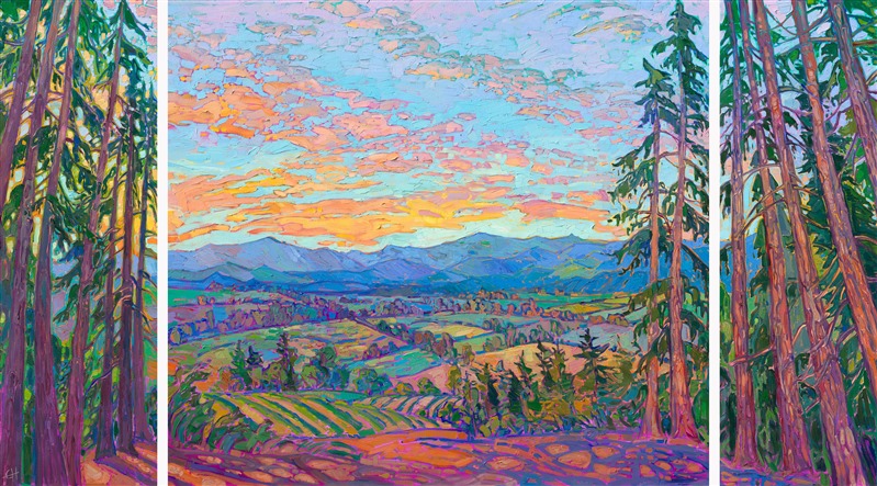 Large tritych oil painting landscape of the Willamette Valley, seen from Sheridan The Delphian School.