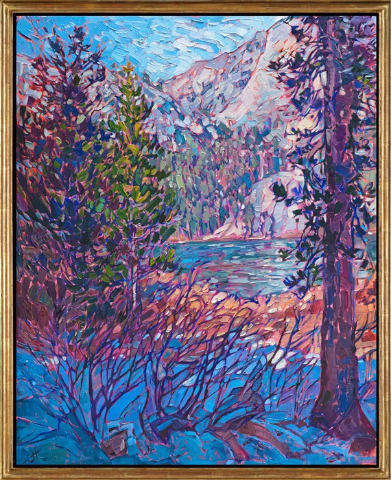 Impressionistic oil painting of the Sierras by Erin Hanson framed in a gold floater frae