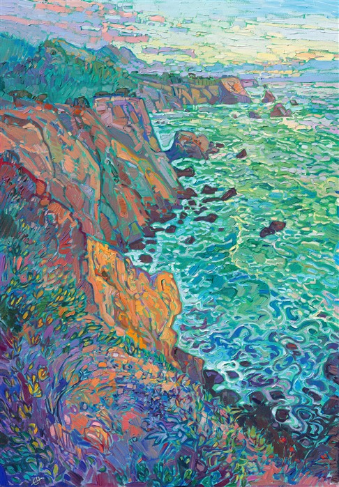 Mendocino Elk view from the high bluffs looking down into turquoise waters, orignal oil painting by modern impressionist Erin Hanson.