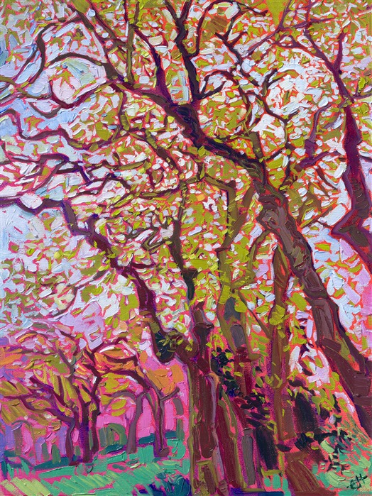 Painting of Japanese maple tree in spring, from Kyoto, Japan, by contemporary abstract impressionism painter Erin Hanson.