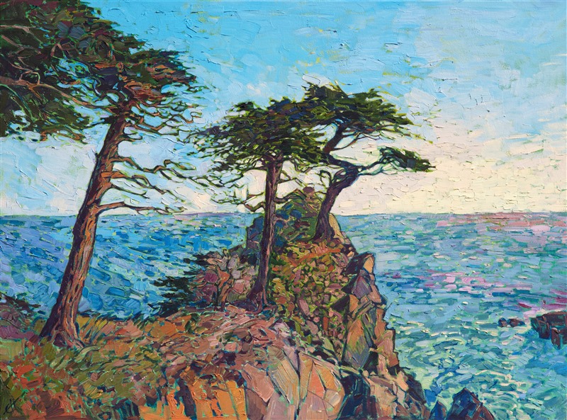 Oil painting of Pebble Beach scenery with iconic cypress tree in earthy colors by impressionist artist Erin Hanson