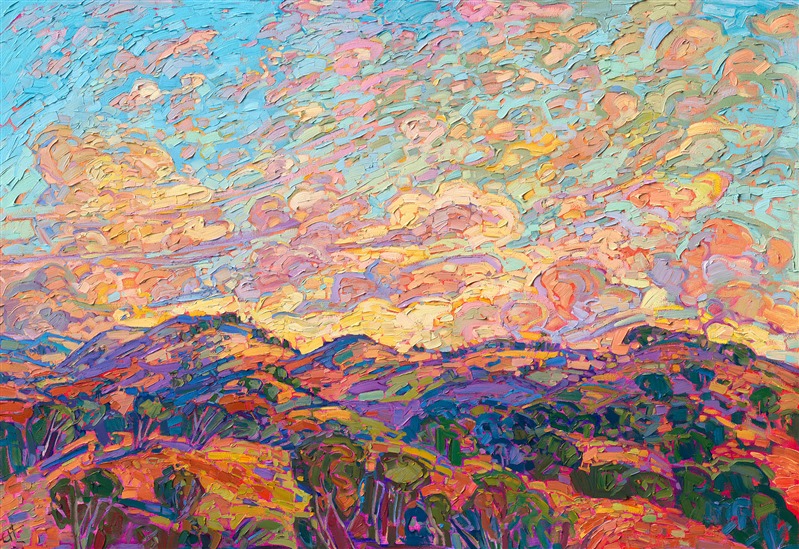 Paso Robles rolling hills and oak trees, modern impressionist oil painting landscape for sale by contemporary impressionist Erin Hanson.