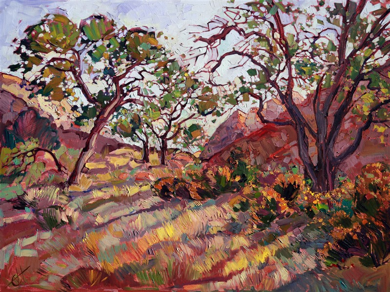 Zion National Park, thick impasto oil paint application in alla prima, by modern artist Erin Hanson