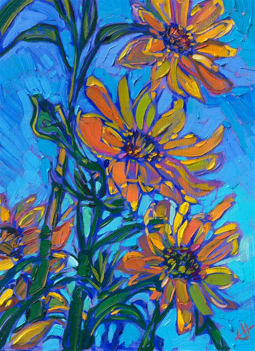 Impressionism painting of sunflowers against a blue sky, by famous modern painter Erin Hanson