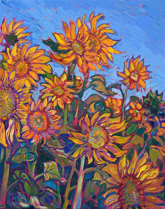 Original oil painting of sunflowers in Provence, France, impressionism painting for sale by Erin Hanson