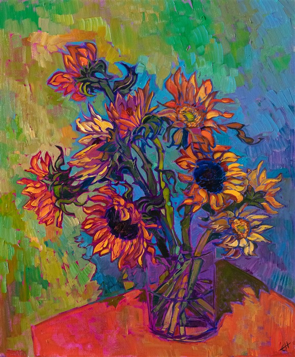 Sunflowers modern impressionism oil painting after Van Gogh, by Erin Hanson.