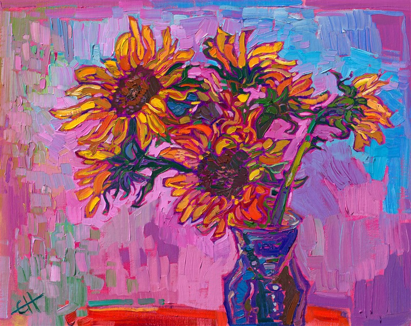 Impressionist painting of sunflowers, by American impressionism painter Erin Hanson