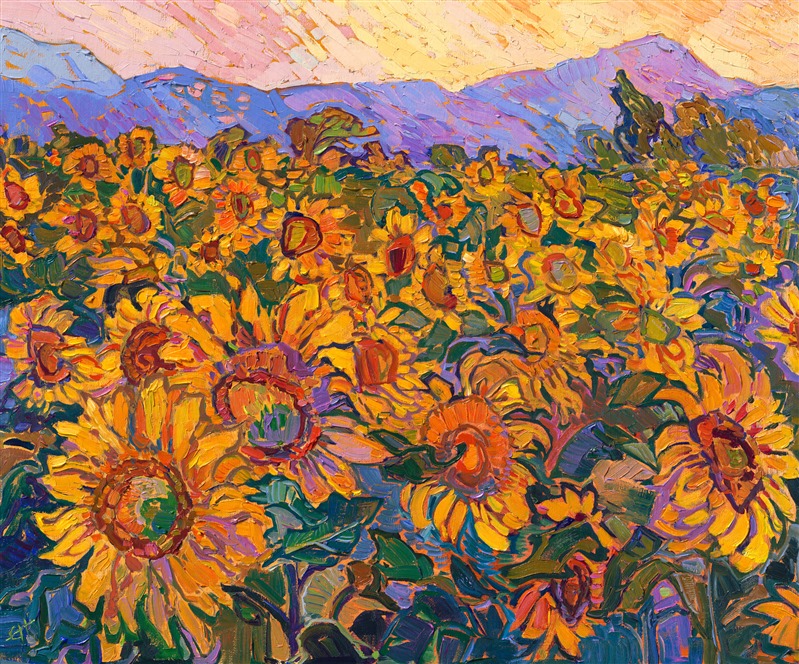 Sunflower field from France in Provence, original oil painting by modern impressionist Erin Hanson