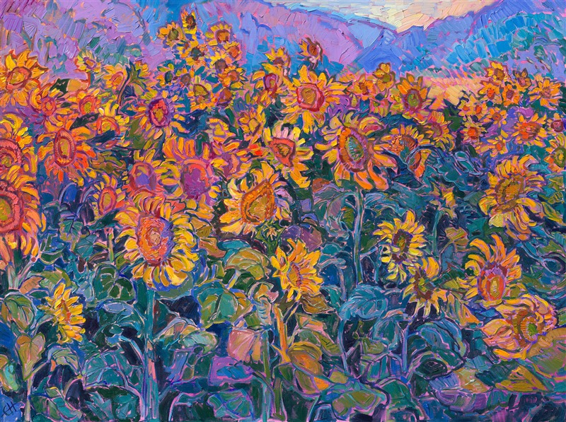 Sunflower fields in Provence, France, original oil painting by modern impressionist Erin Hanson.