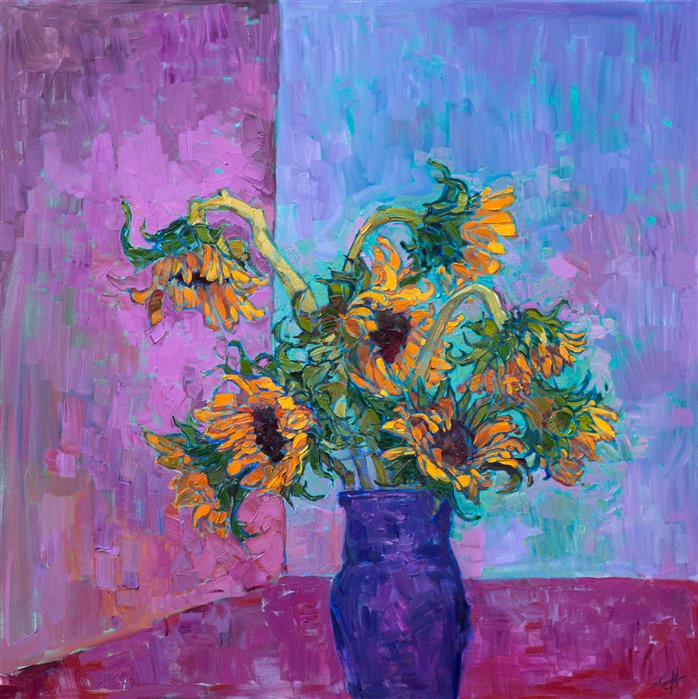 Still life sunflower painting by contemporary impressionist Erin Hanson.