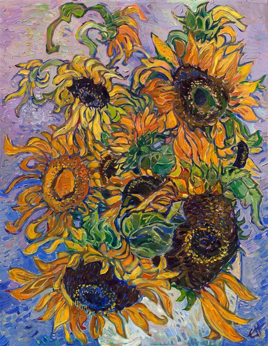 Impressionism painting of sunflowers in vase, by modern impressionist painter Erin Hanson, creator of Open Impressionism.