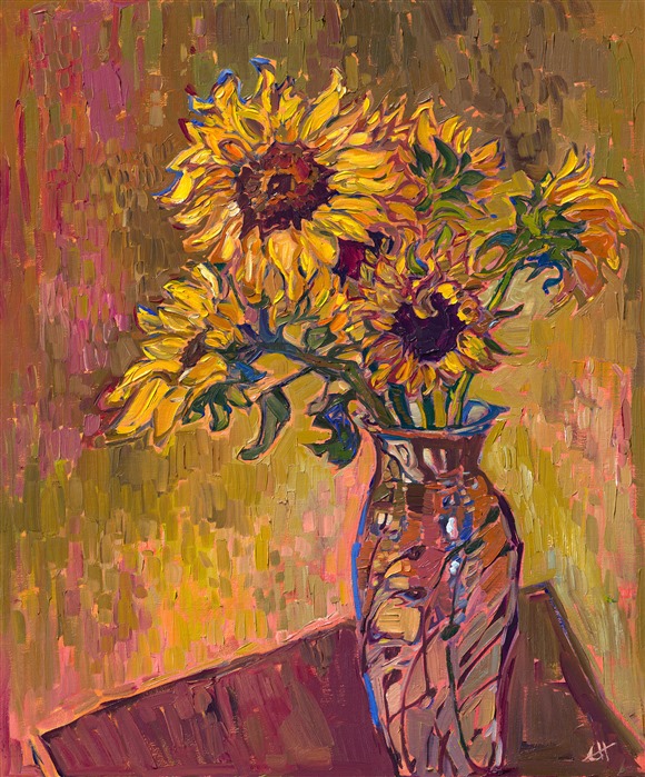 Impressionism oil painting of sunflowers inspired by van Gogh, by modern impressionist painter Erin Hanson, the most collected living impressionist.