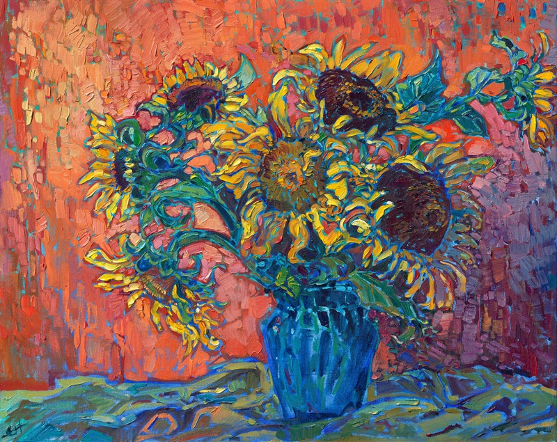 Impressionism sunflowers painting by American impressionist Erin Hanson, inspired by van Gogh.