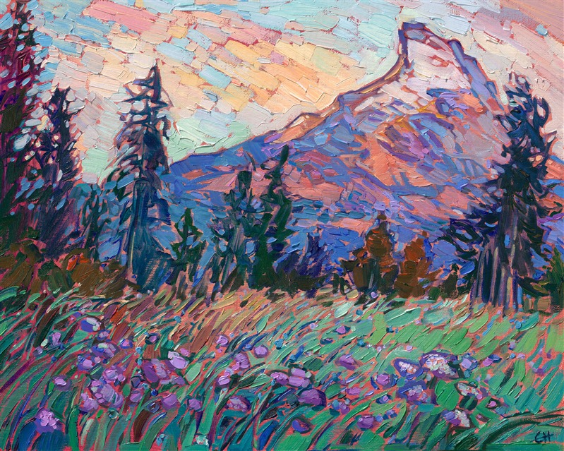 Impressionist painting of Mt Hood in Oregon Cascades, by local artist Erin Hanson. Visit Erin&amp;amp;#39;s gallery in McMinnville to buy contemporary landscape paintings of the Northwest.