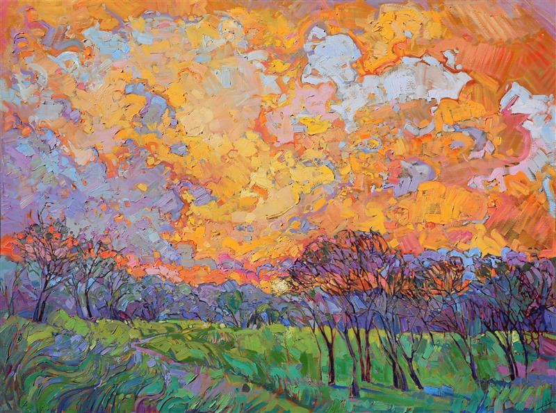 Sunset Burst, original oil painting of Paso Robles with a dramatic sky, by contemporary painter Erin Hanson