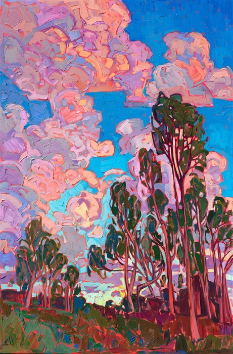 Modern impressionism painting of California eucalyptus trees, by impressionist Erin Hanson.