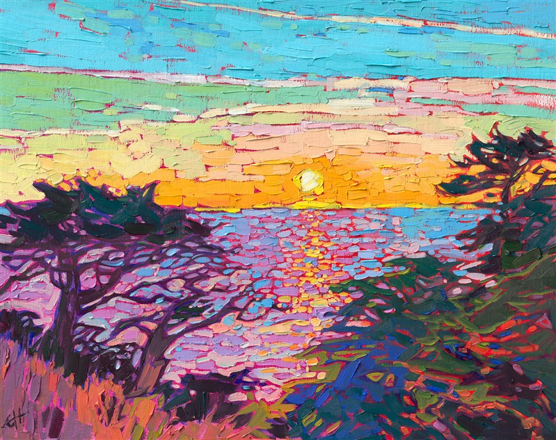 Point Lobos sunset painting original oil painting on linen by local artist Erin Hanson, available for purchase at The Erin Hanson Gallery in Carmel.