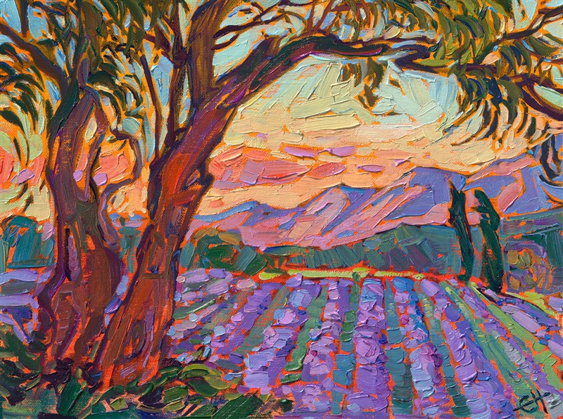 Petite painting of France lavender fields from Provence, by Erin Hanson