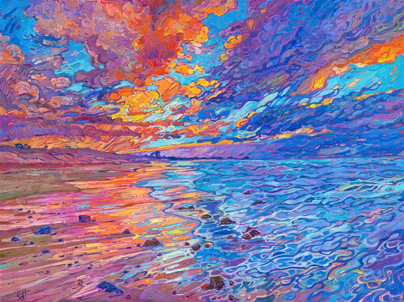 Sunset coastal painting in a colorful impressionist style, by modern master of Open Impressionism Erin Hanson