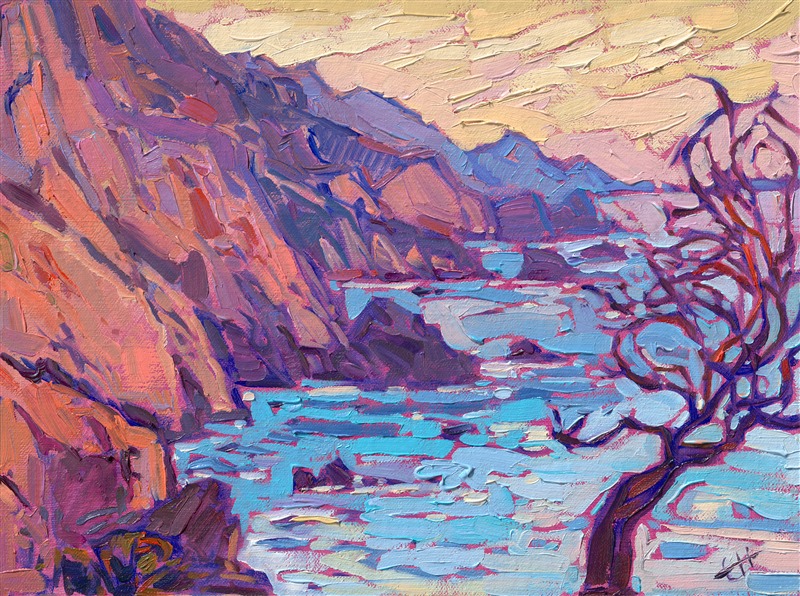 Petite oil painting of sunset colors on California&amp;amp;#39;s Highway 1, by impressionist painter Erin Hanson.