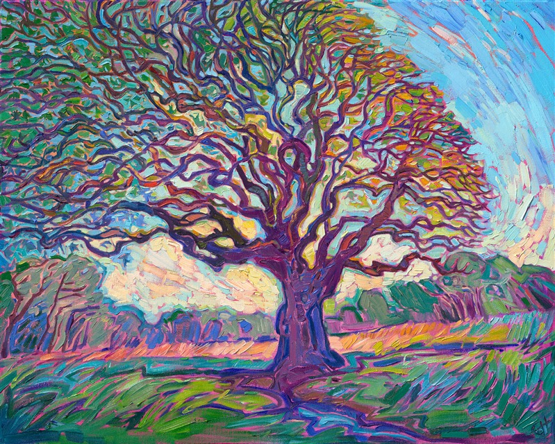 Impressionism vs expressionism oil painting of an old oak tree, by Erin Hanson.