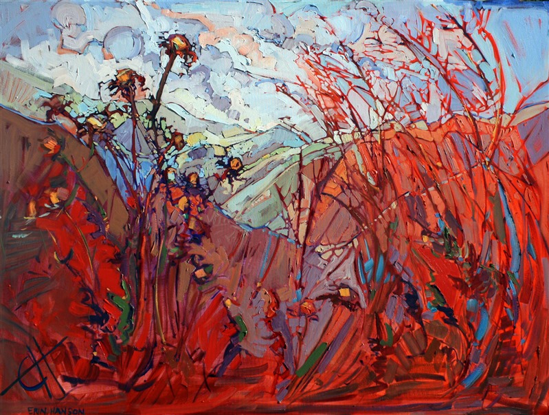 Red thistle painting inspired by San Luis Obispo county, artwork by Erin Hanson