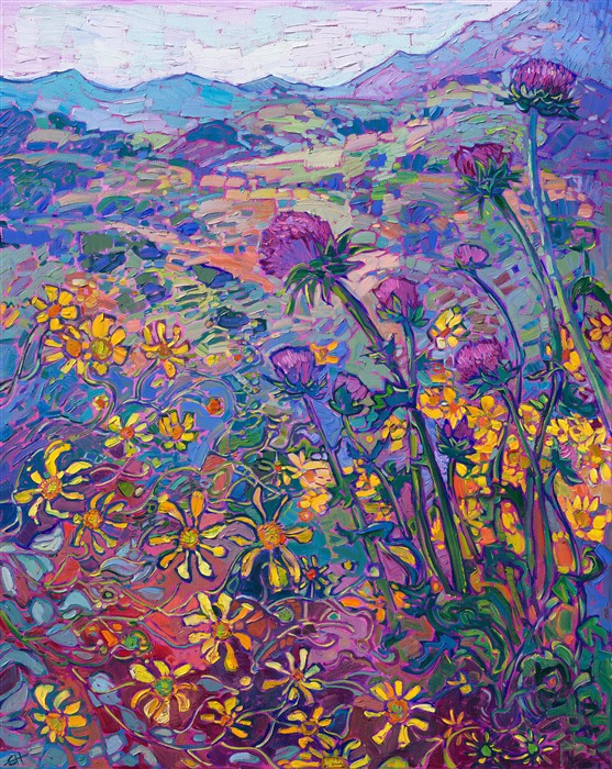 Landscape painting with wildflowers, original impressionism oil painting for sale at The Erin Hanson Gallery in McMinnville, Oregon.