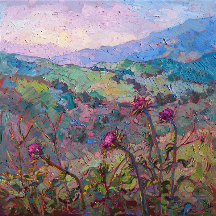 Bold color and vivid brush strokes capture the wildflowers of central California in this original oil painting by Erin Hanson