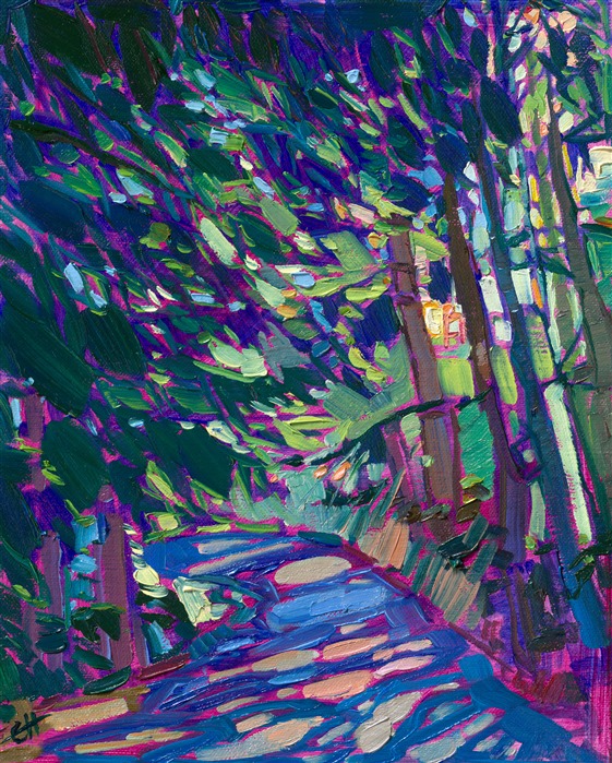 Small oil painting of pine trees