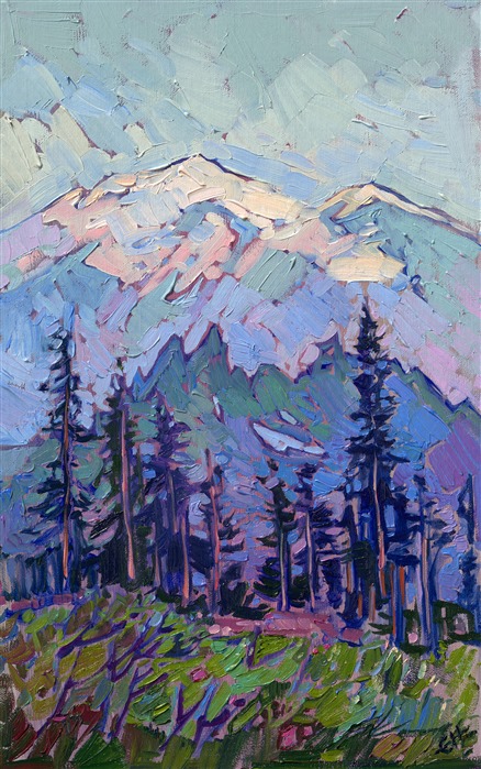 Painting of Mt Ranier from Tipsoo Lake in the Northwest Cascades. Buy original oil paintings and reproductions from The Erin Hanson Gallery in McMinnville, Oregon.
